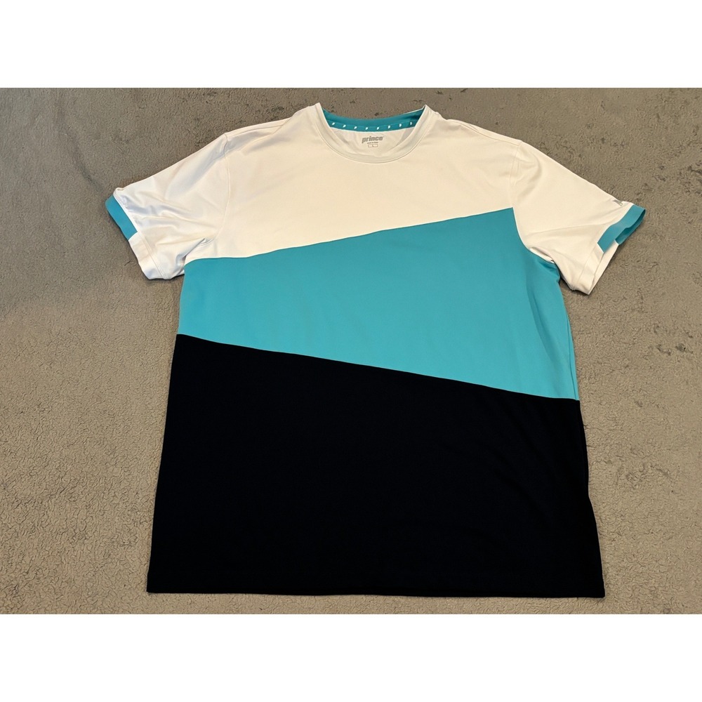 Prince Mens Colorblock Athletic T-Shirt Teal White Navy Blue Size L Performance